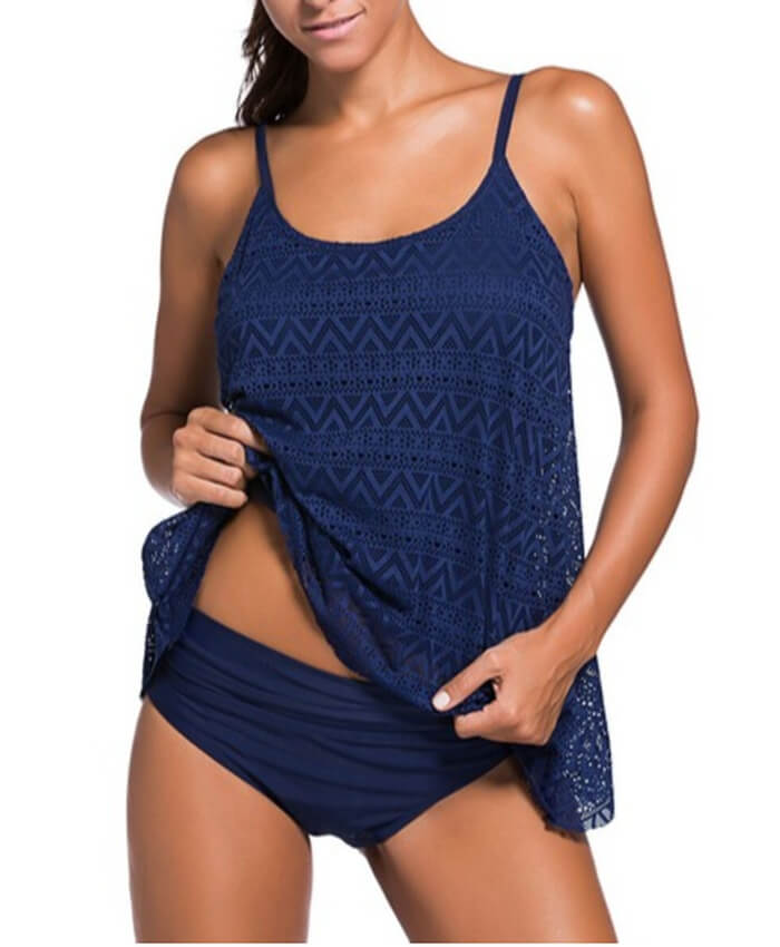 Lace Panel Open Back Tankini Set